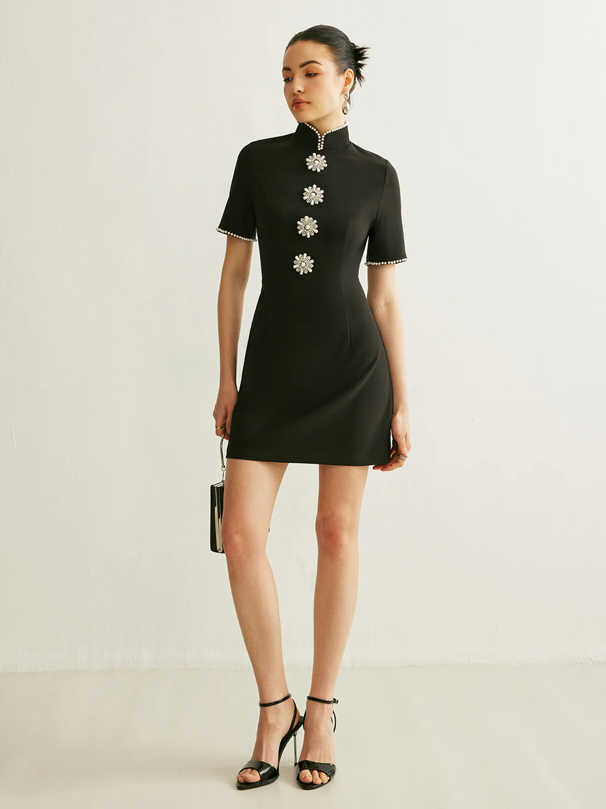Stand Collar Pearl Trim Dress - Takermore