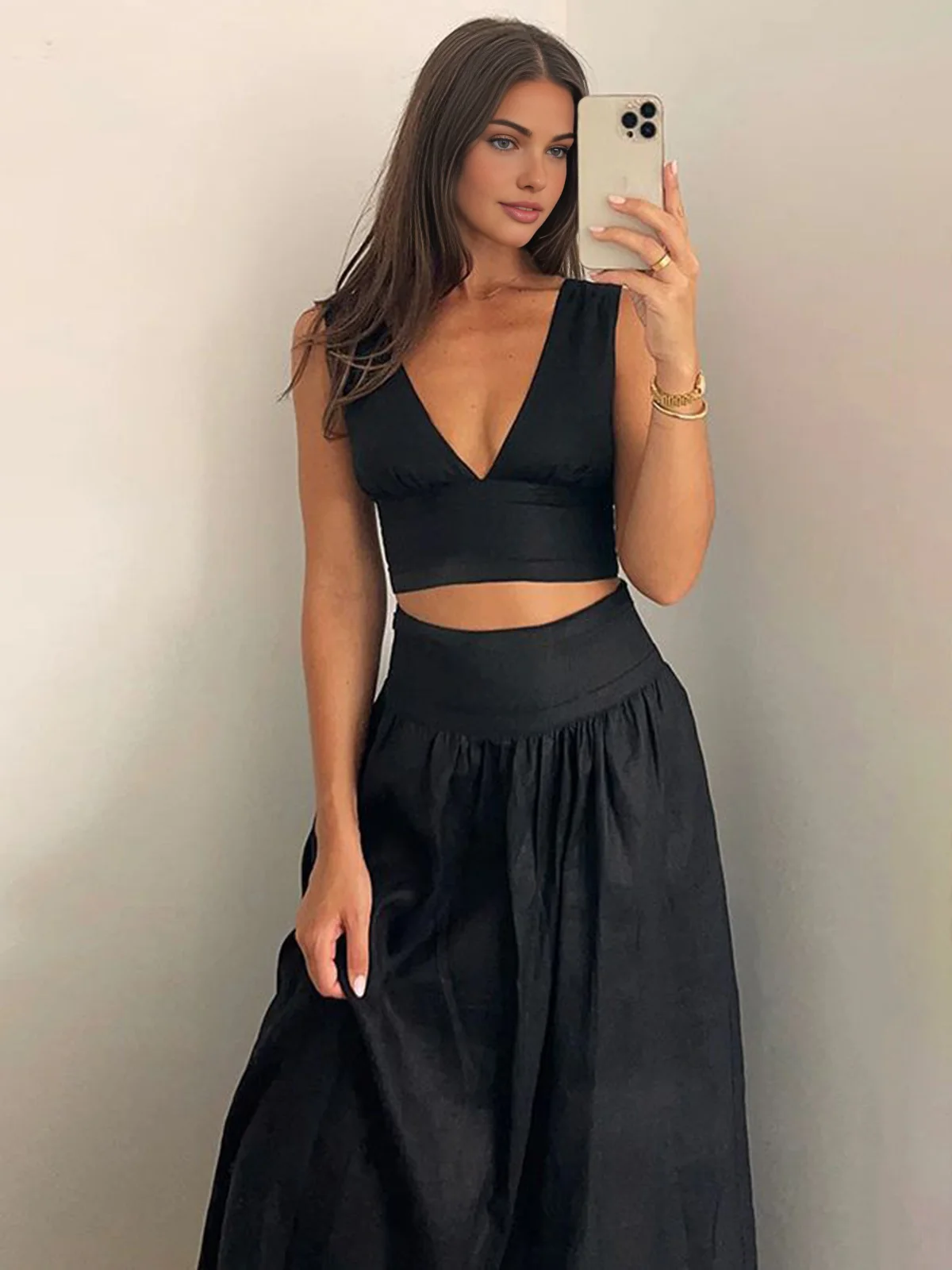 Solid Tie Knot V Neck Skirt Set - Takermore