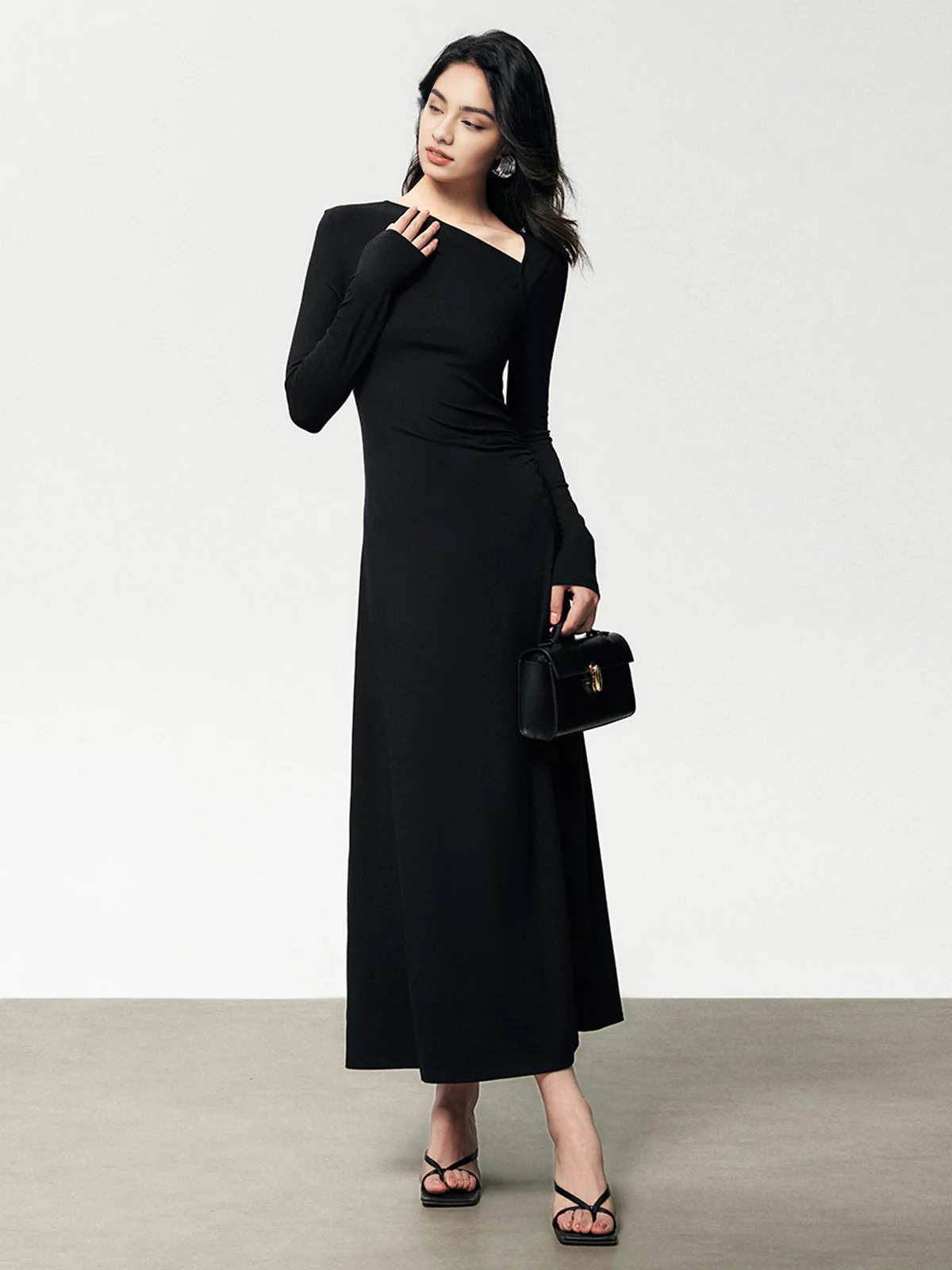 Ribbed Knit Asymmetric Long Sleeve Bodycon Long Dress - Takermore