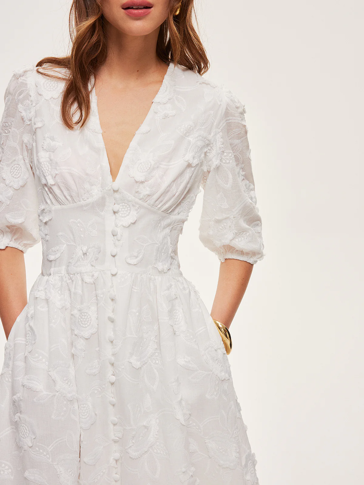 Cotton Embroidered Button-Front Dress - Takermore
