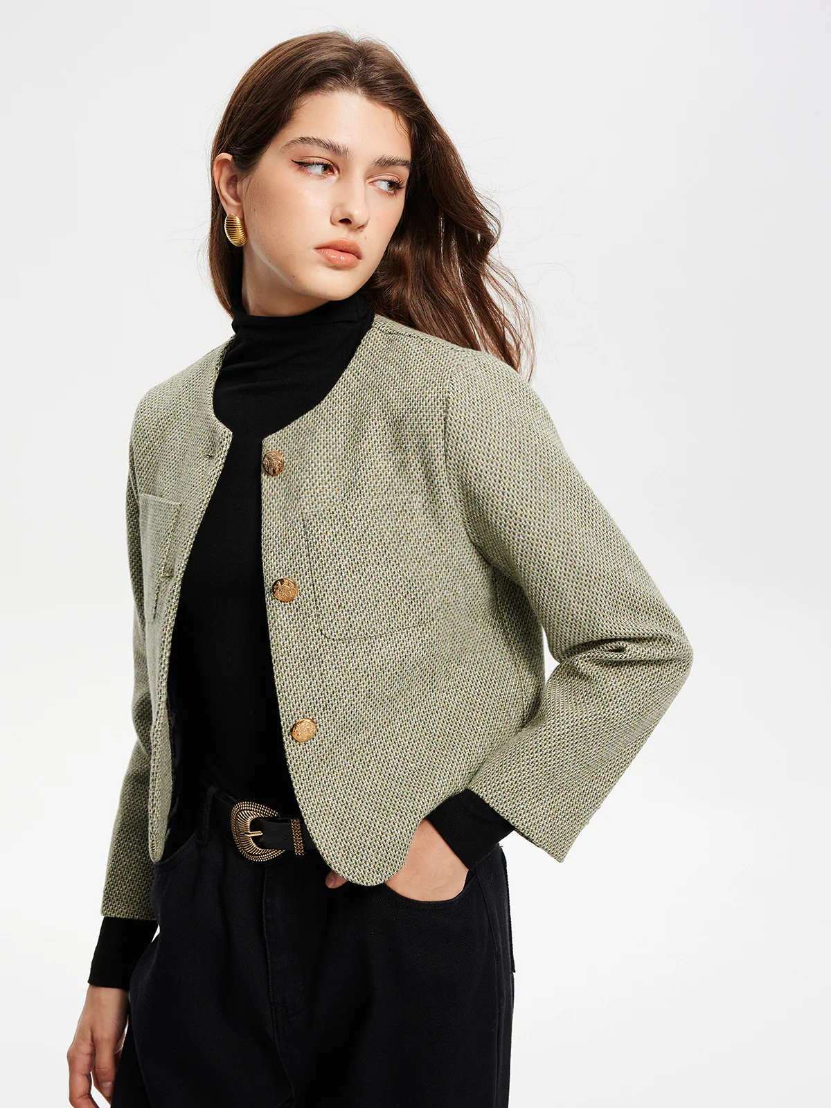 Round Neck Pockets Tweed Jacket - Takermore