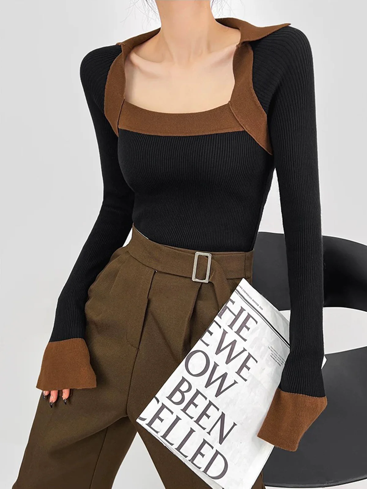 Ribbed Color Block Skinny Sweater - Takermore