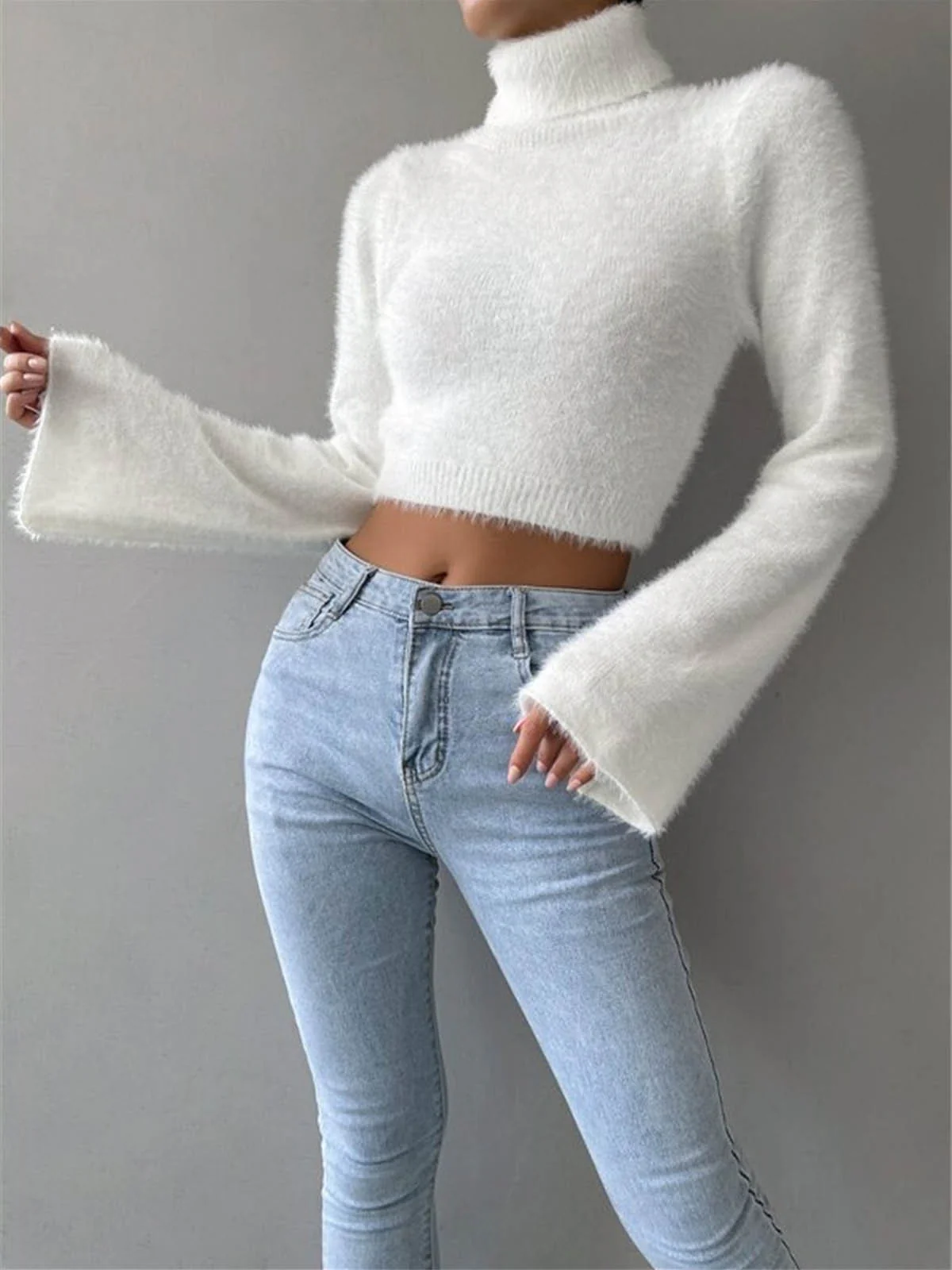 Turtleneck Fuzzy Crop Knit Top - Takermore