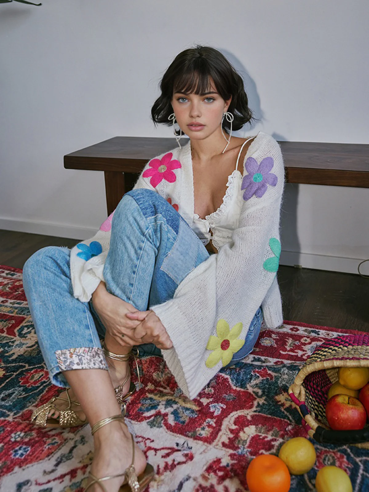 Wool-Blend Colorful Flower Cardigan - Takermore