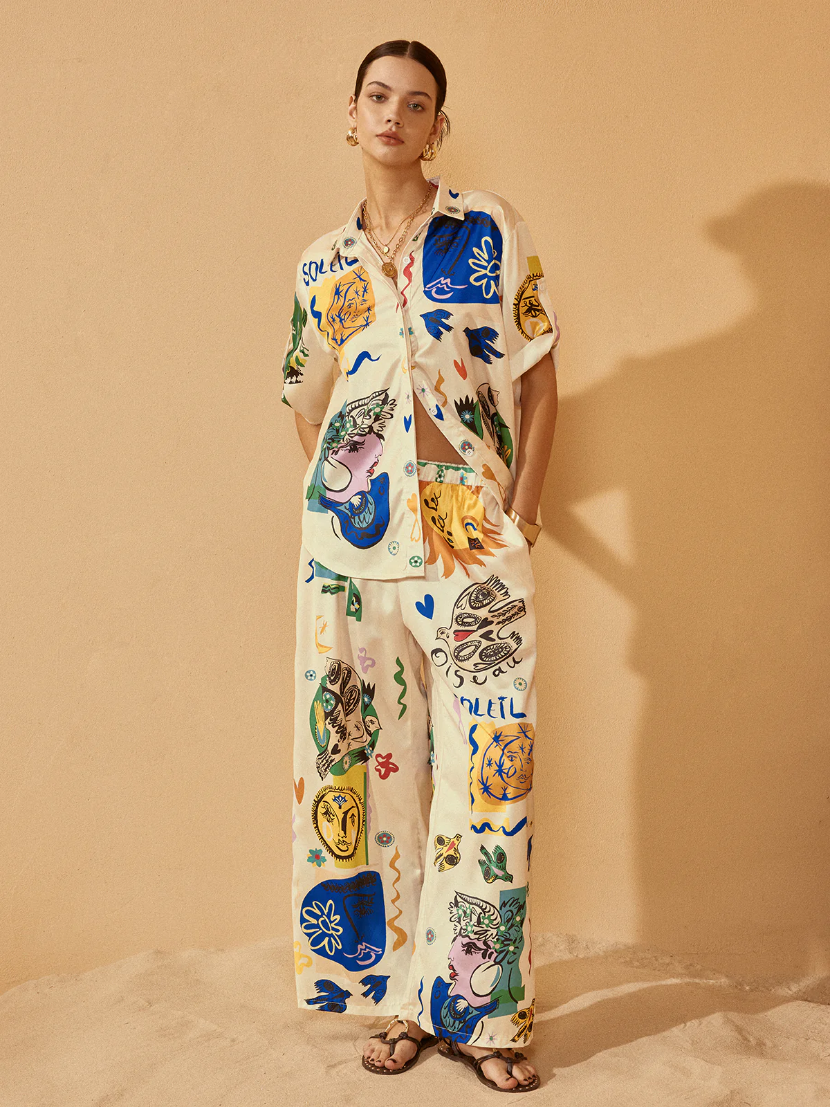 Satin Graffiti Lapel Pants Set - Takermore