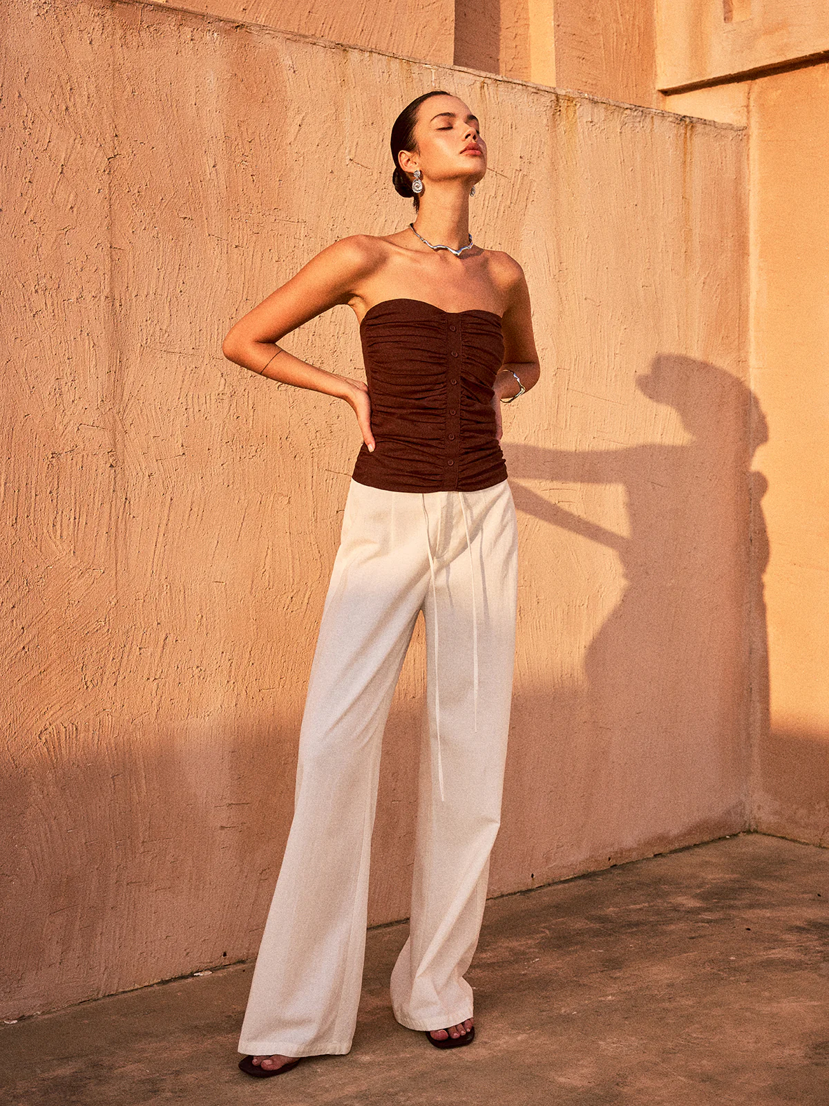 Ruched Button-Front Strapless Top - Takermore