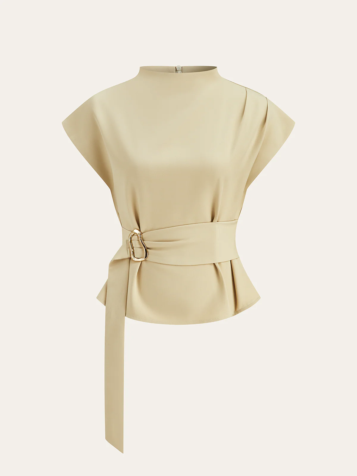 Belted Mock Neck Short-Sleeve Blouse - Takermore