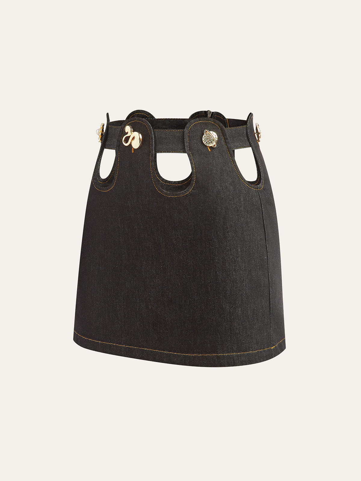 Metal Decor Cut-Out Denim Mini Skirt - Takermore