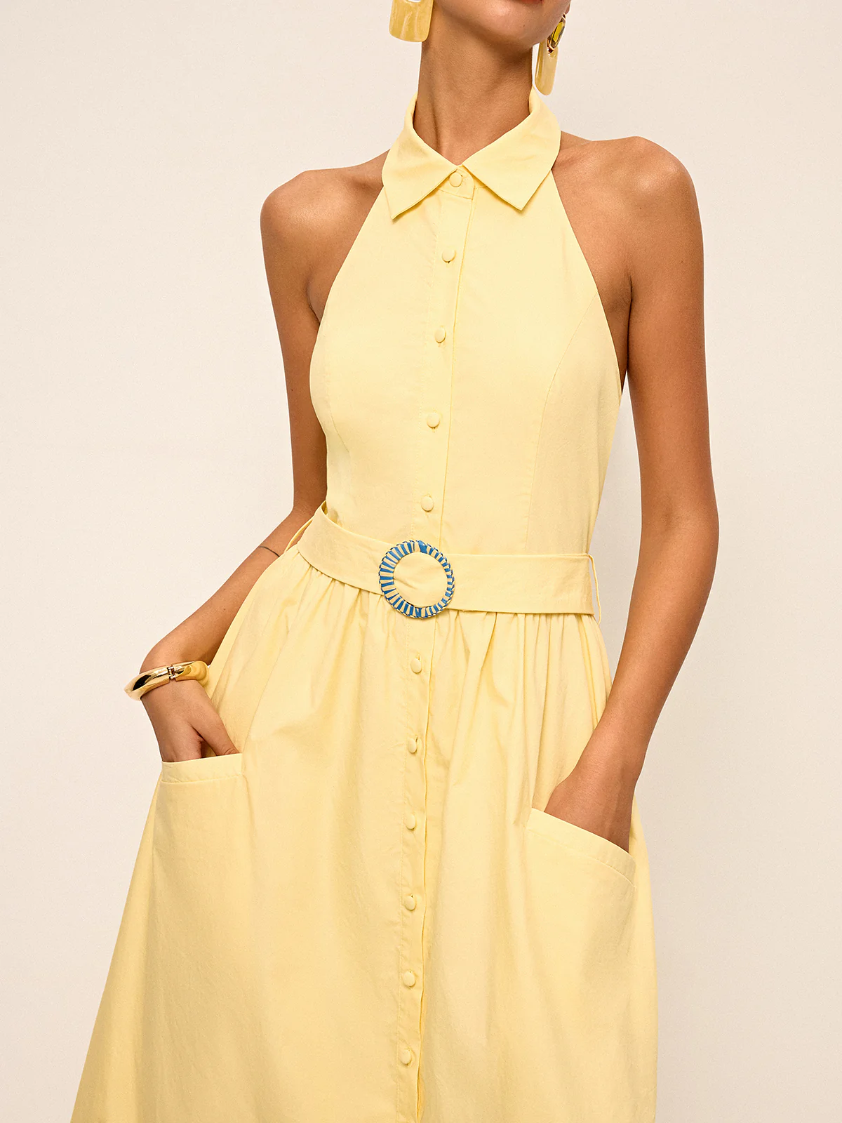 Halter Neck Backless Shirt Dress with Belt - Takermore