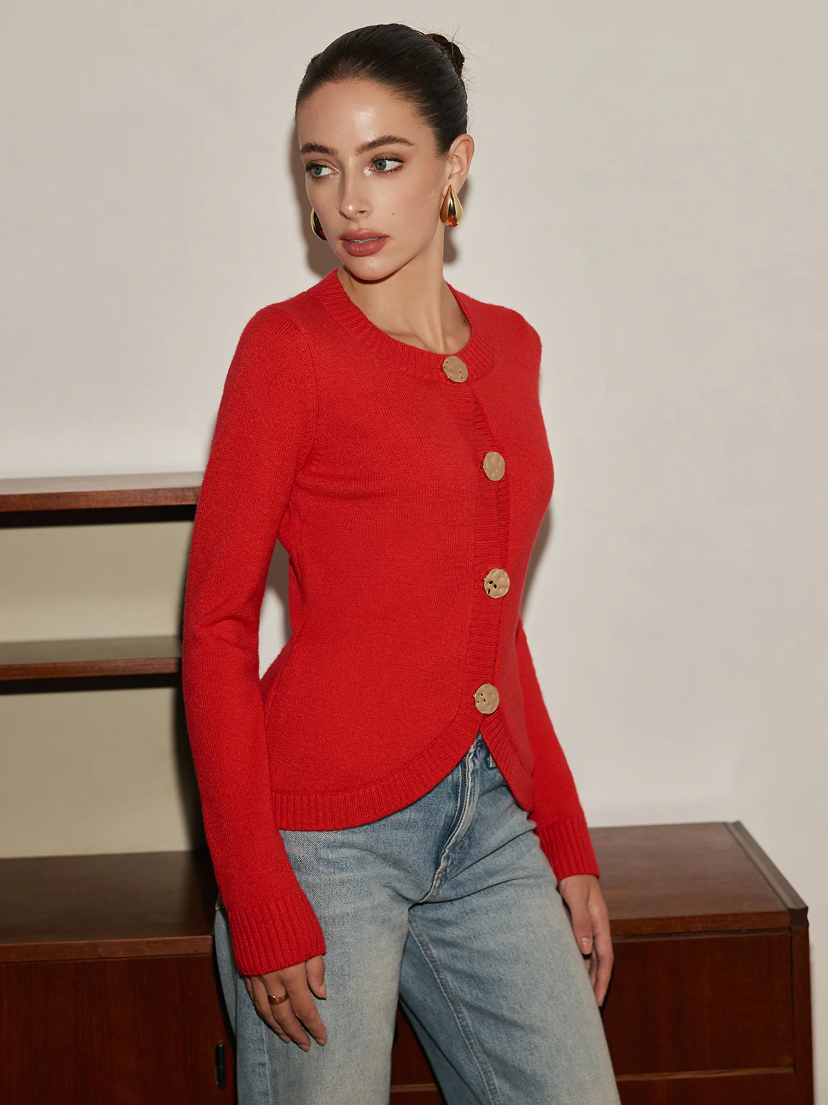 Elegant Metal Button Split Cardigan - Takermore