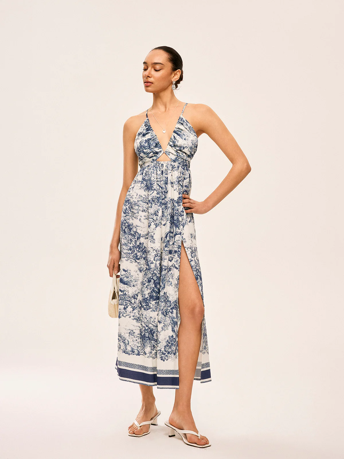 Printed Contrast Trim Knotted Spilt Dress - Takermore