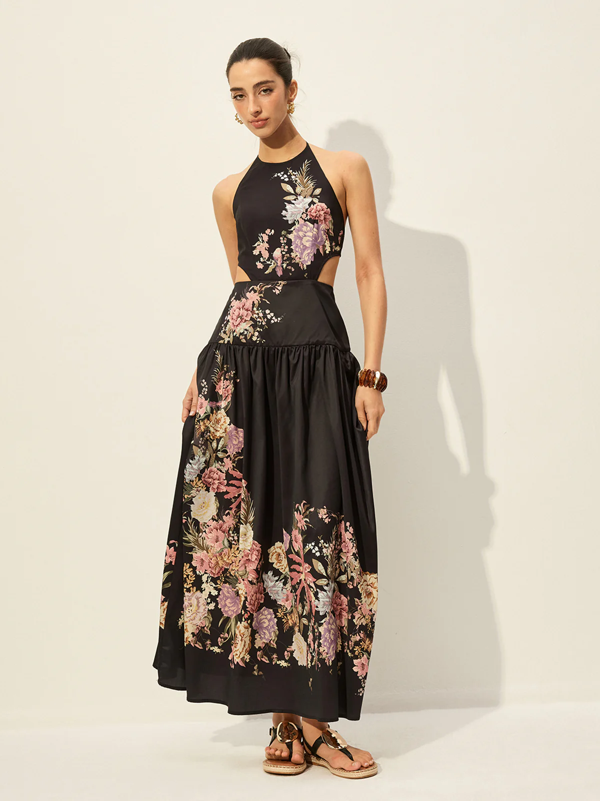 Floral Print Halter Neck Dress With Cut-Out Detail - Takermore