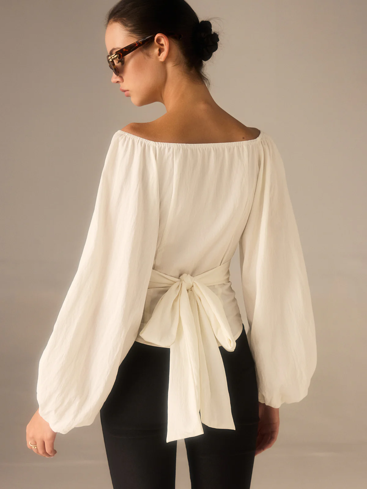 Off-Shoulder Lantern-Sleeve Top with Bow Back - Takermore