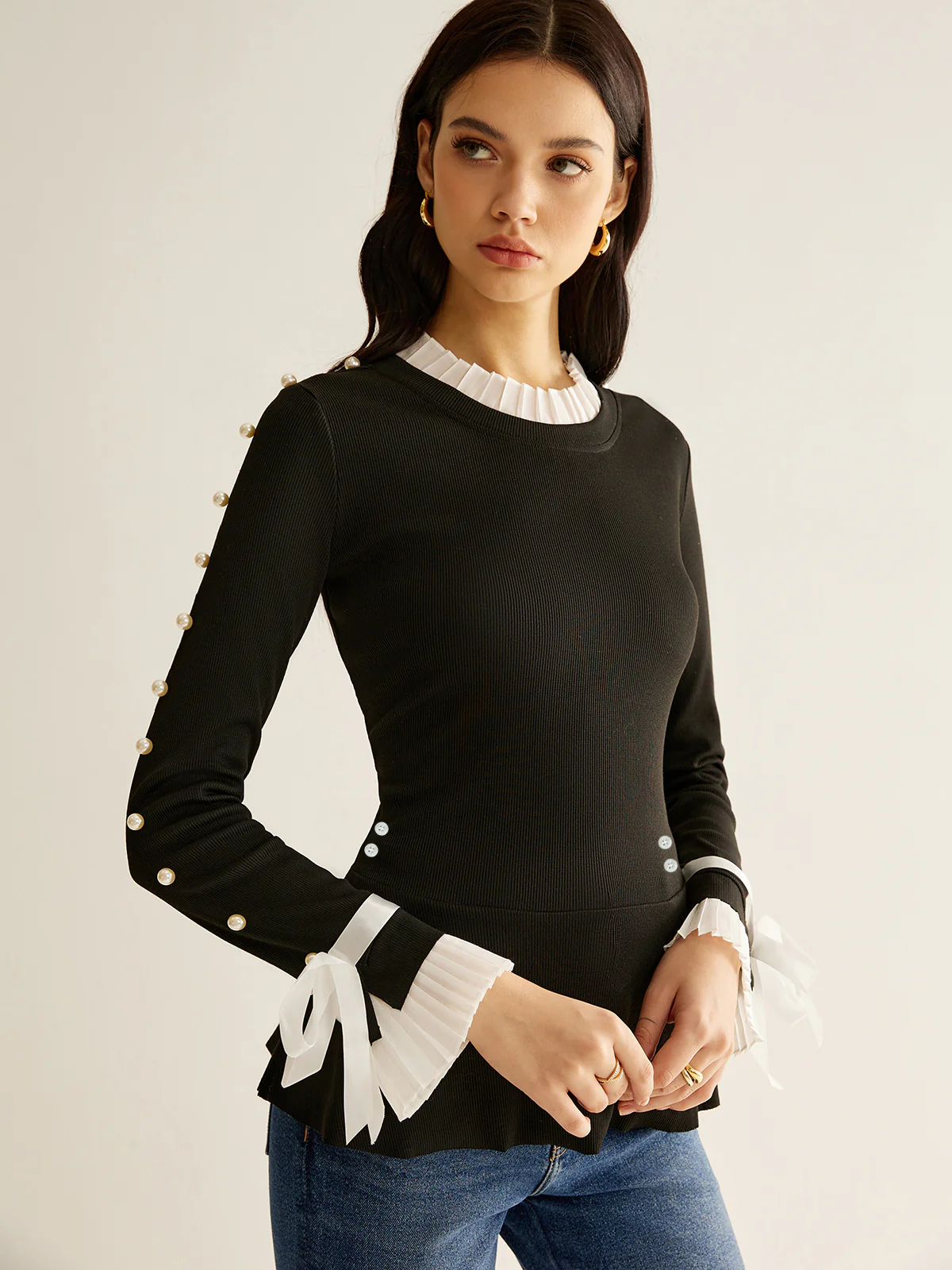 Pearl Decor Panel Pleated Blouse - Takermore