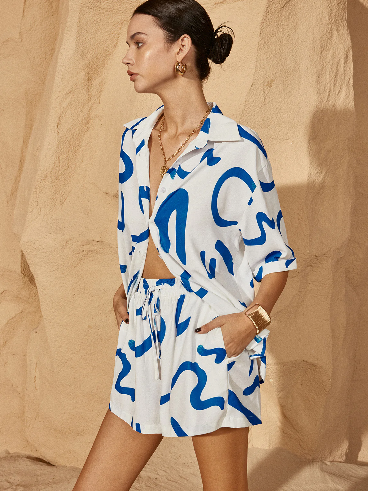 Print Drawstring Shift Shorts Set - Takermore