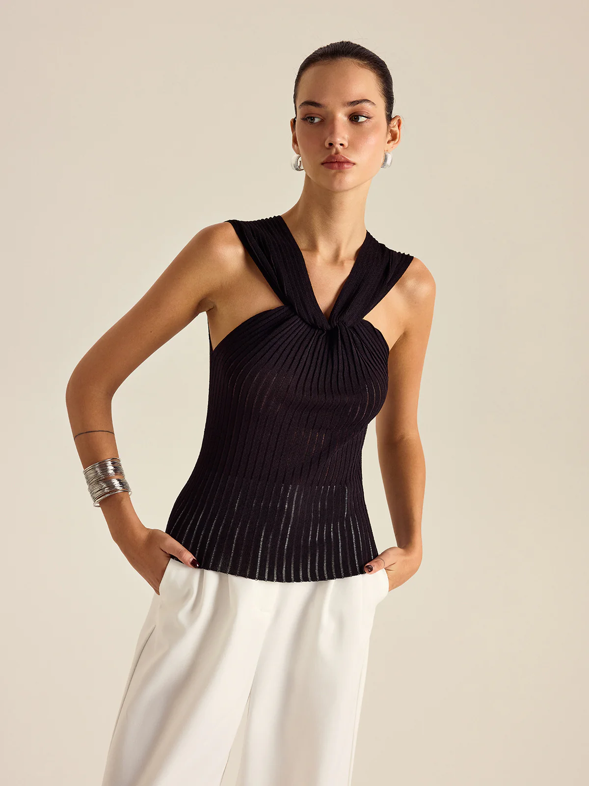 Pleated Knit Twist-Front Top - Takermore