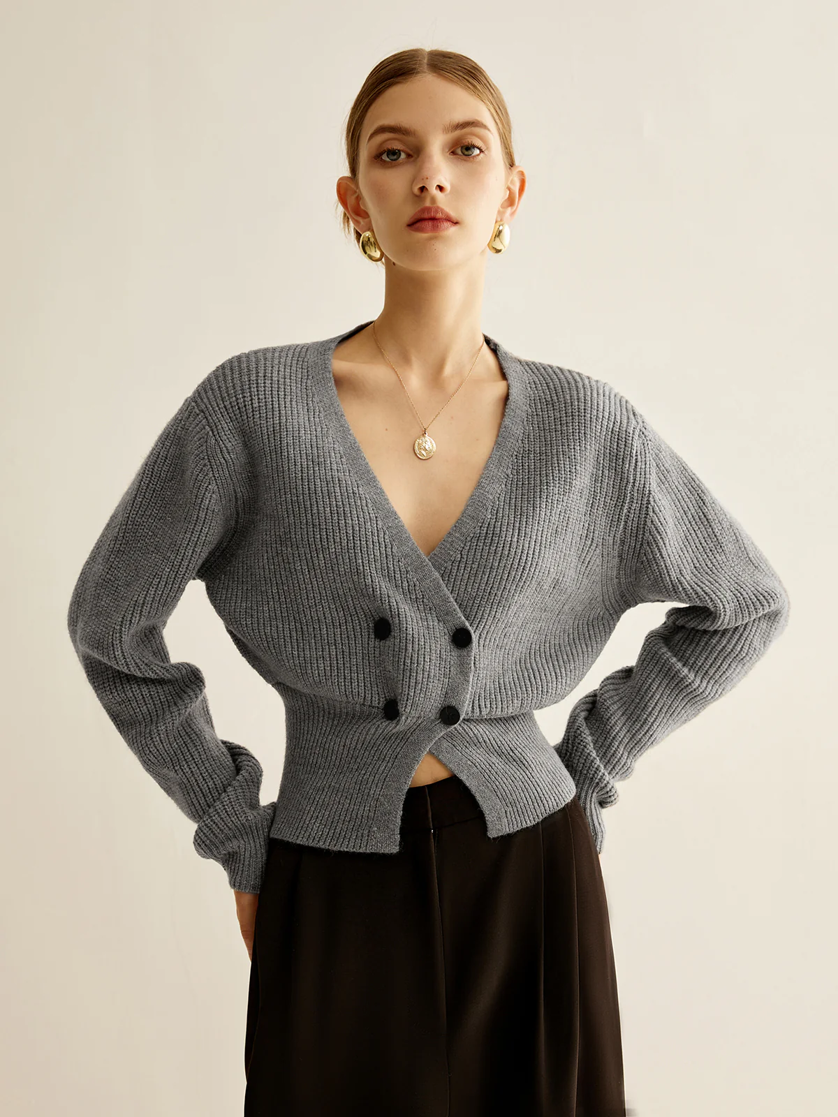 V-Neck Button Cinched Cardigan - Takermore