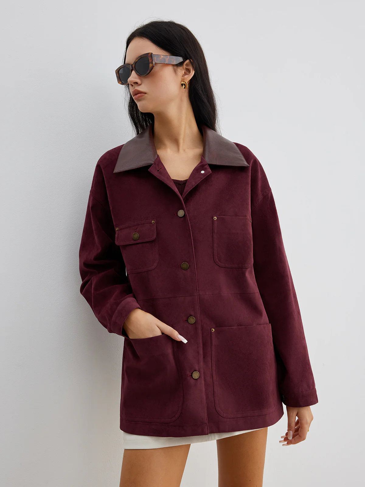 Suede Contrast Collar Pockets Jacket - Takermore