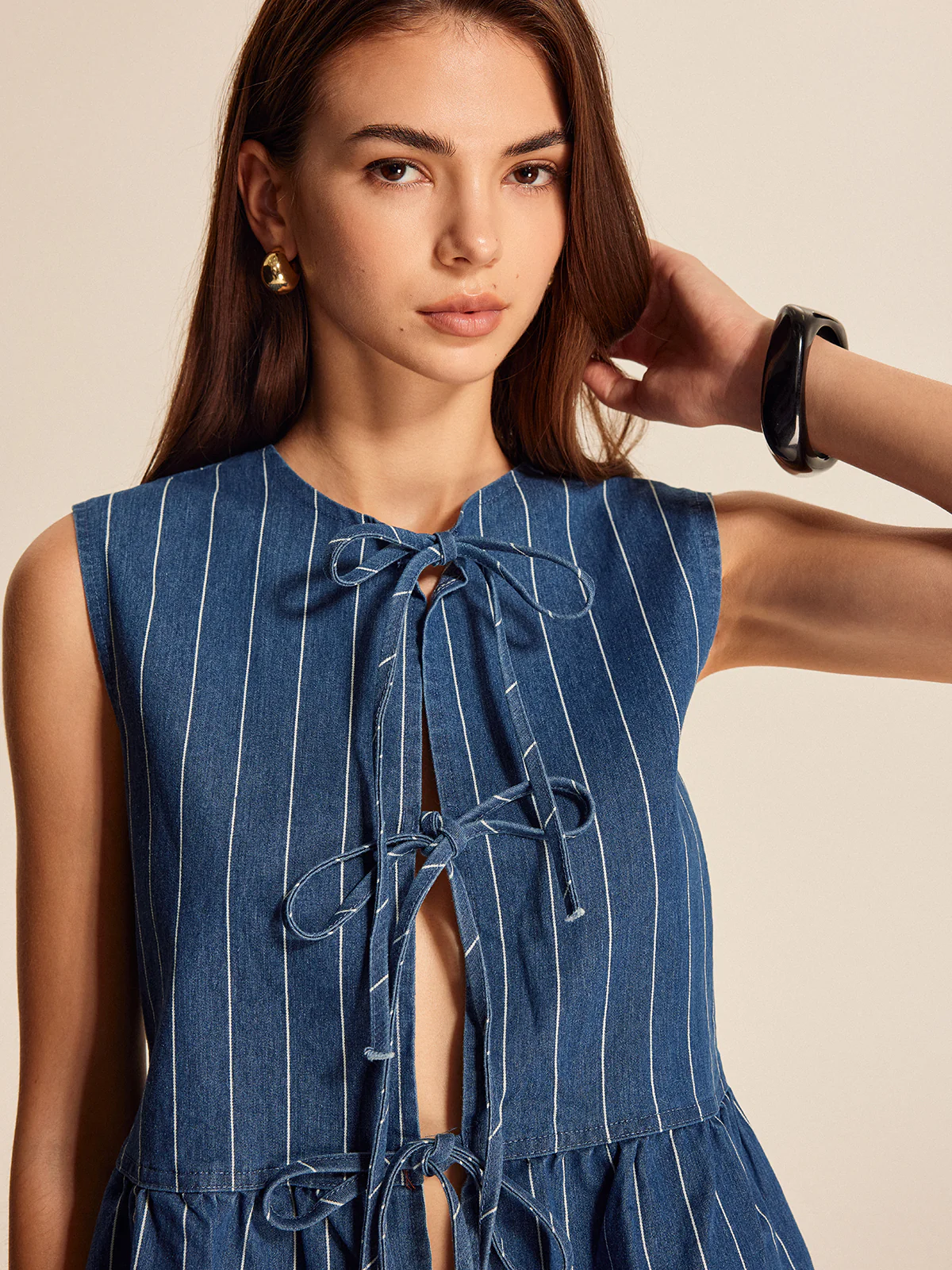 Stripe Bow Lacing Denim Vest - Takermore