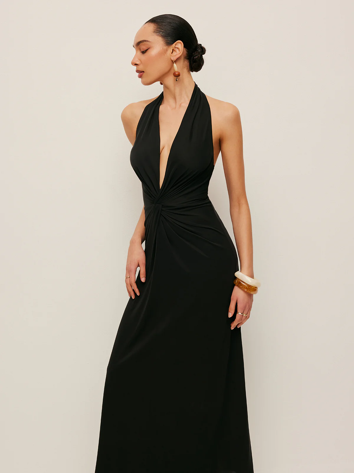V-Neck Twist-Front Halter Dress - Takermore