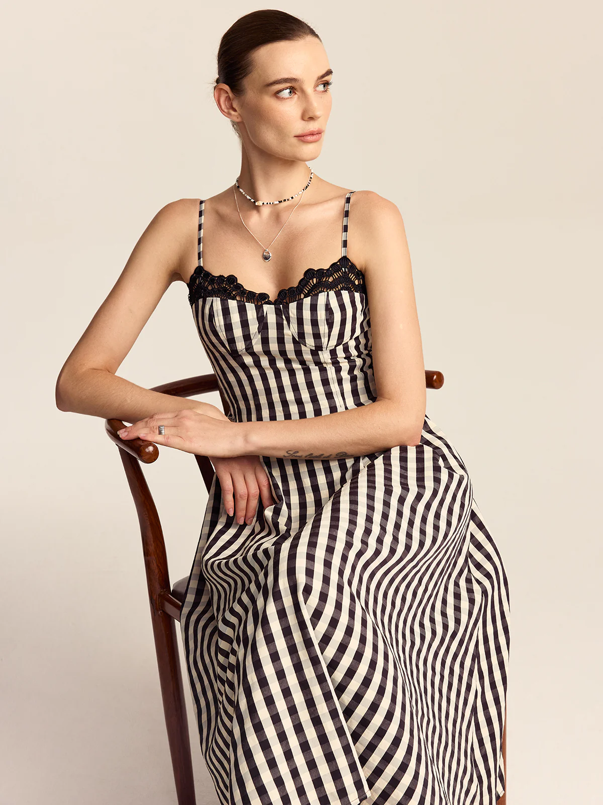 Gingham Spaghetti Strap Midi Dress with Lace Trim - Takermore