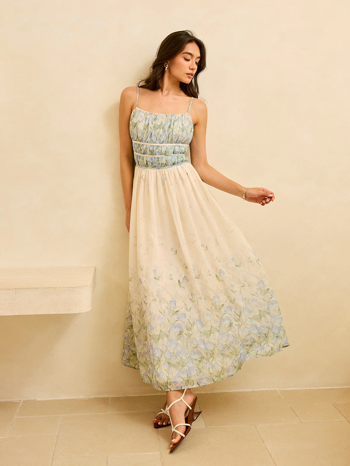 Floral Print Pleat  Waist Tiered Maxi Dress - Takermore