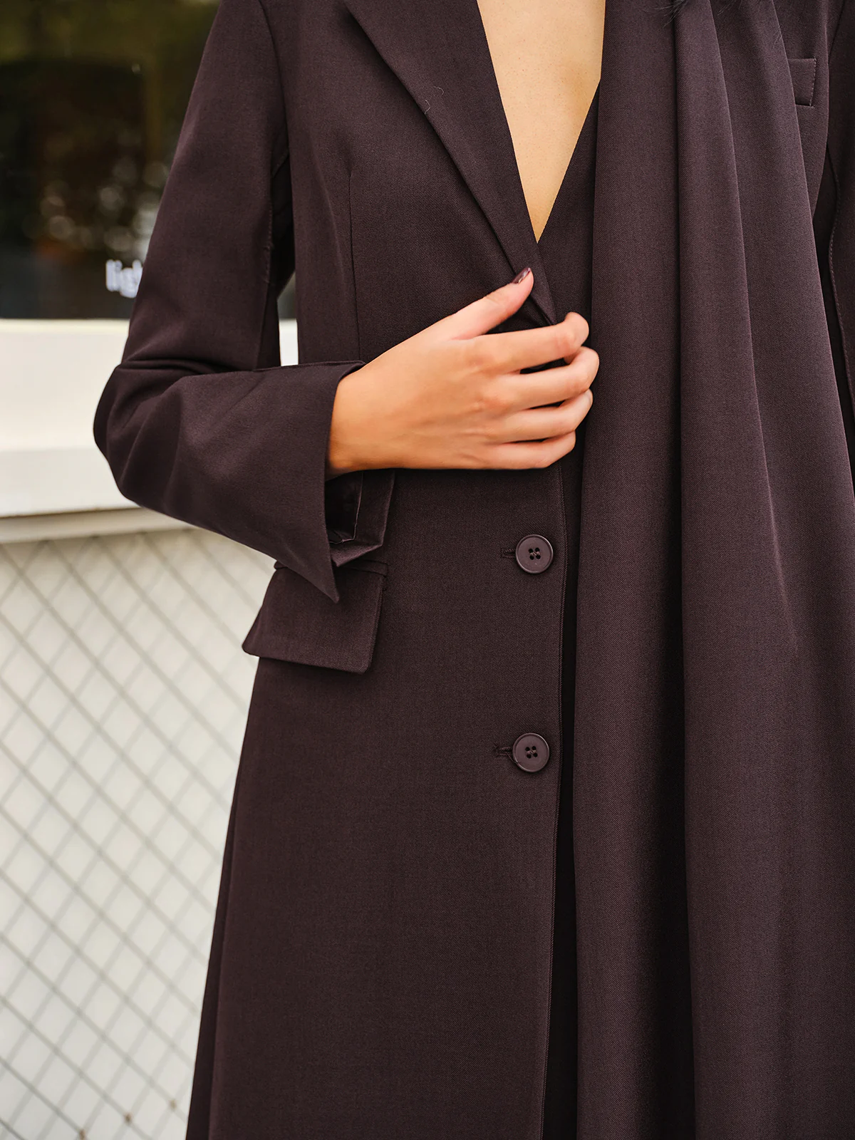 V-Neck Split Trench Coat With Scarf - Takermore