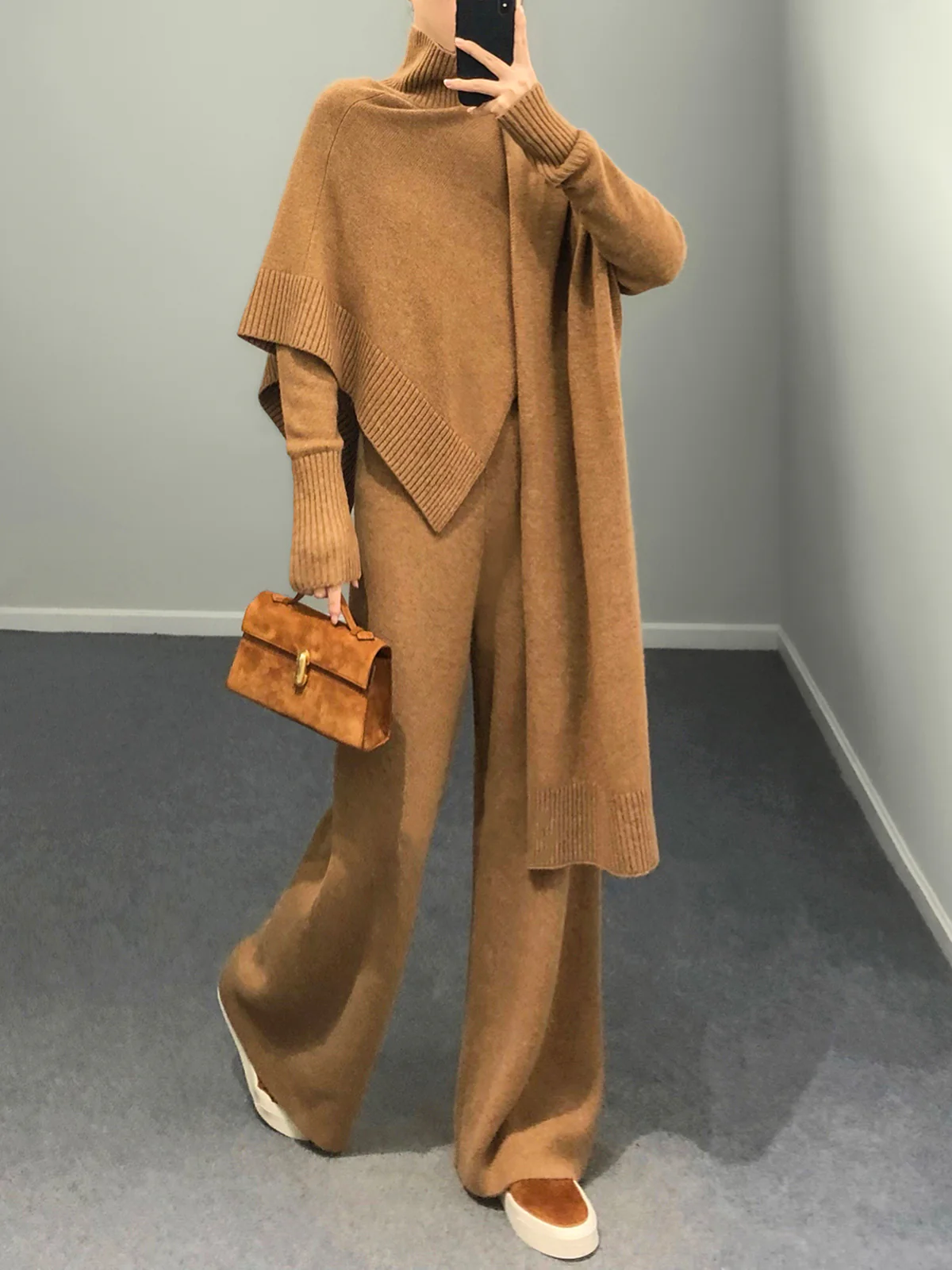 Plain Mock Neck Three-Piece Sweater Pants Set - Takermore