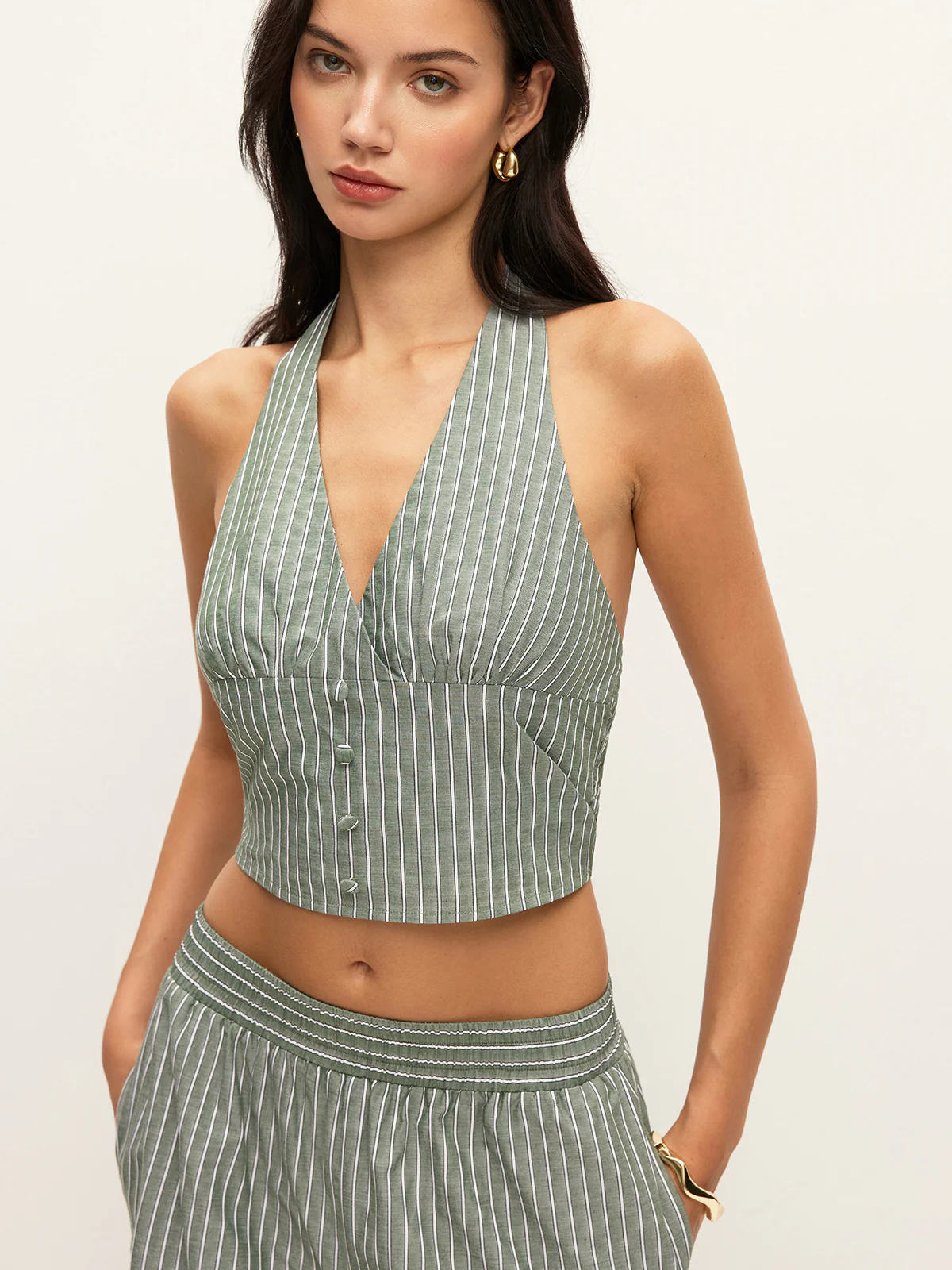Striped Button-Detail Halter Top With Pants Set - Takermore