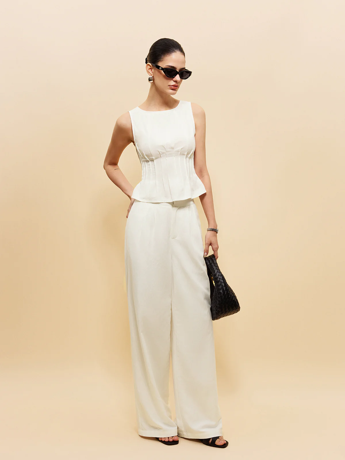 Peplum Top With Wide-Leg Pants Set - Takermore