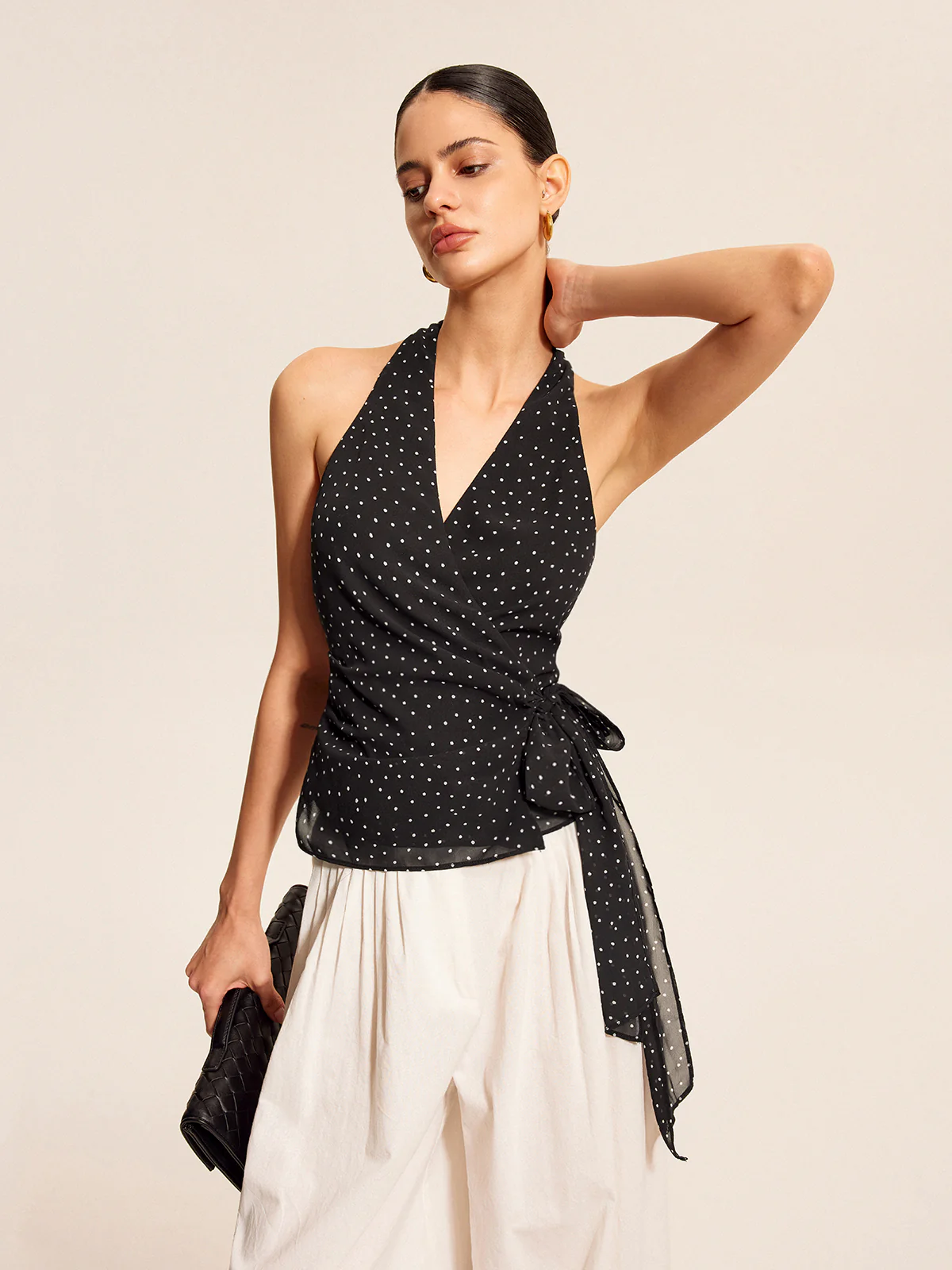 Polka Dot Wrap Tie Halter Top - Takermore