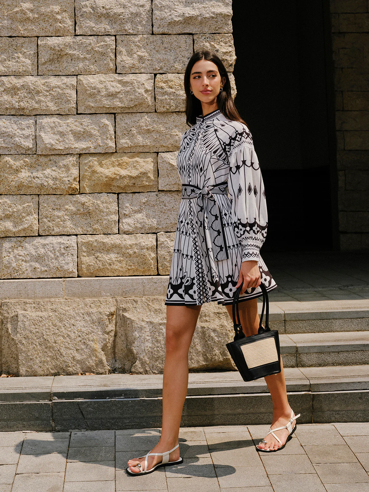 Linen Blend Long Sleeve Belted Dress - Takermore