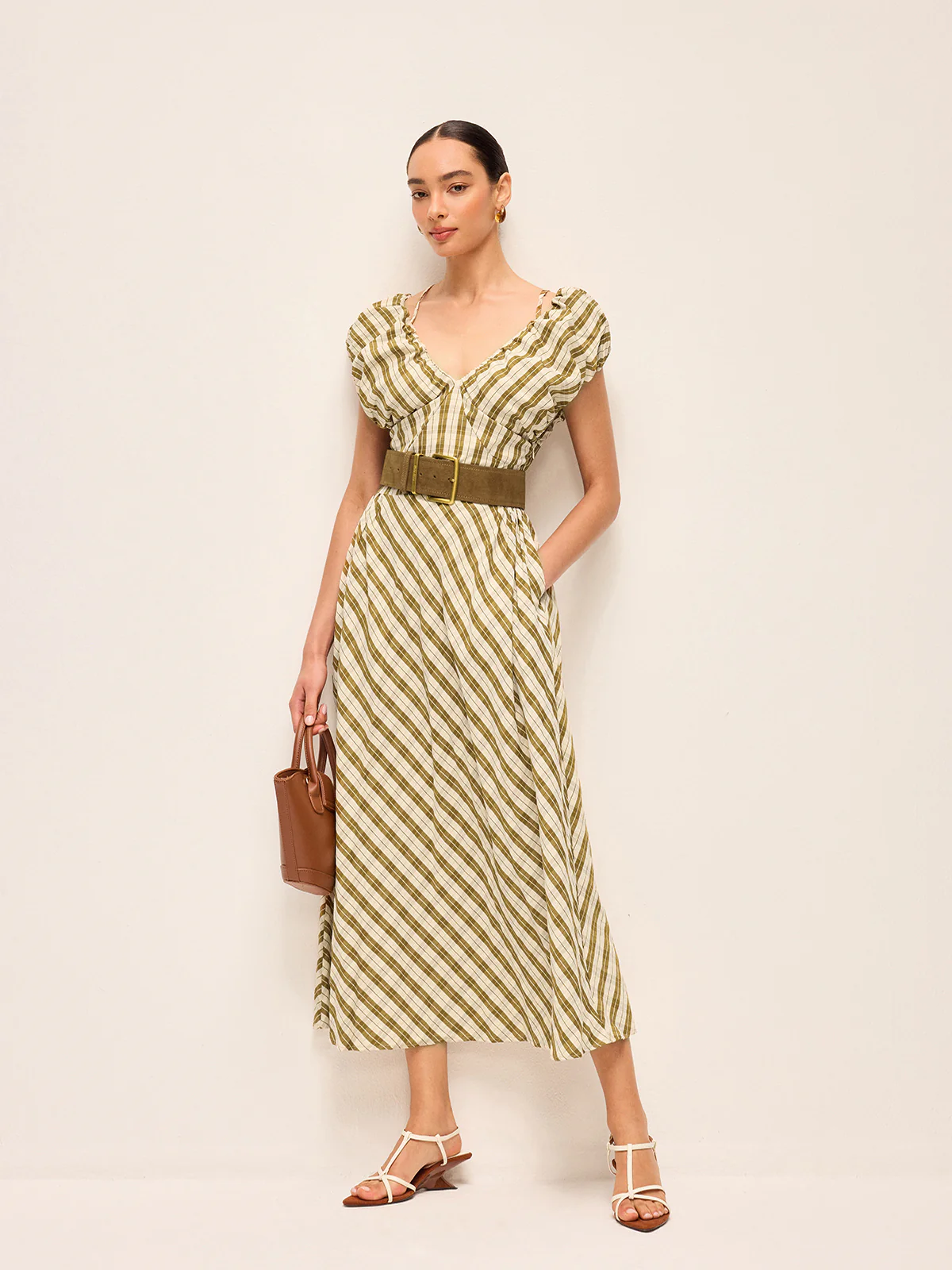 Sweetheart Neck Puff Sleeve Plaid Dress Without Belt - Takermore