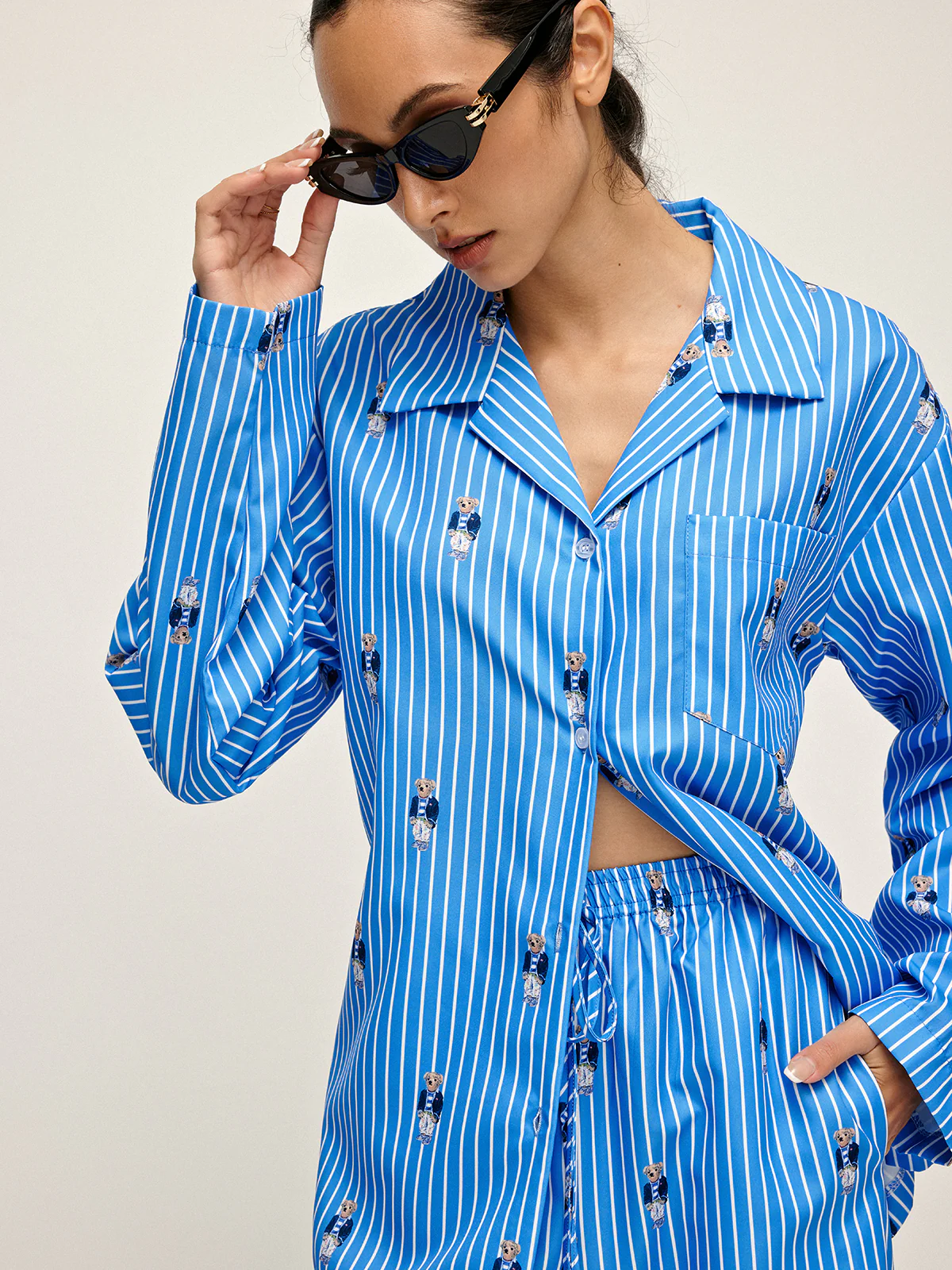 Pinstripe Lapel Printed Pants Set - Takermore