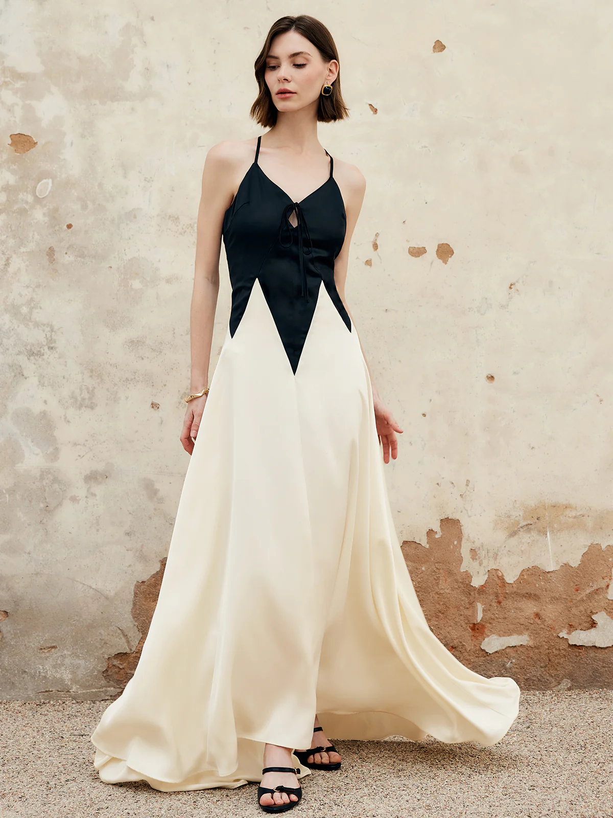 Color Block Pleated Cutout Cami Long Dress - Takermore