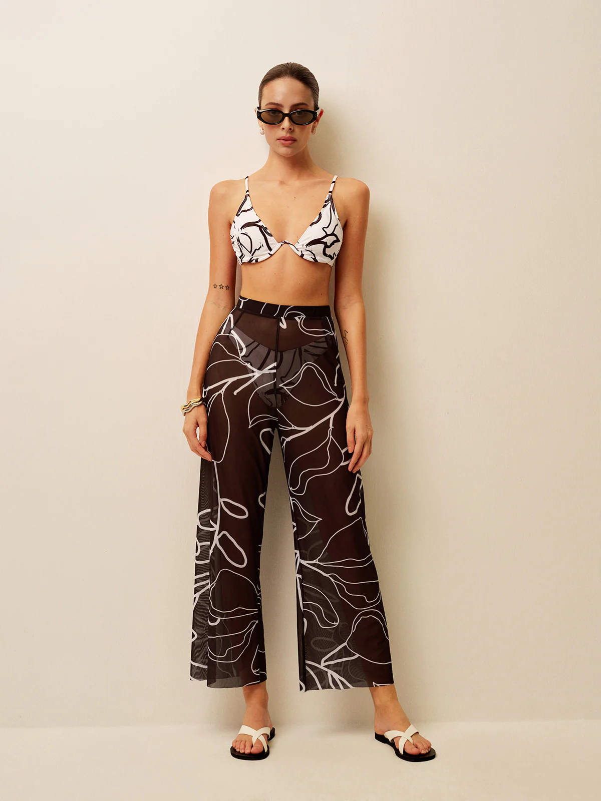 Sheer Printed Wide-Leg Cover-Up Pants - Takermore