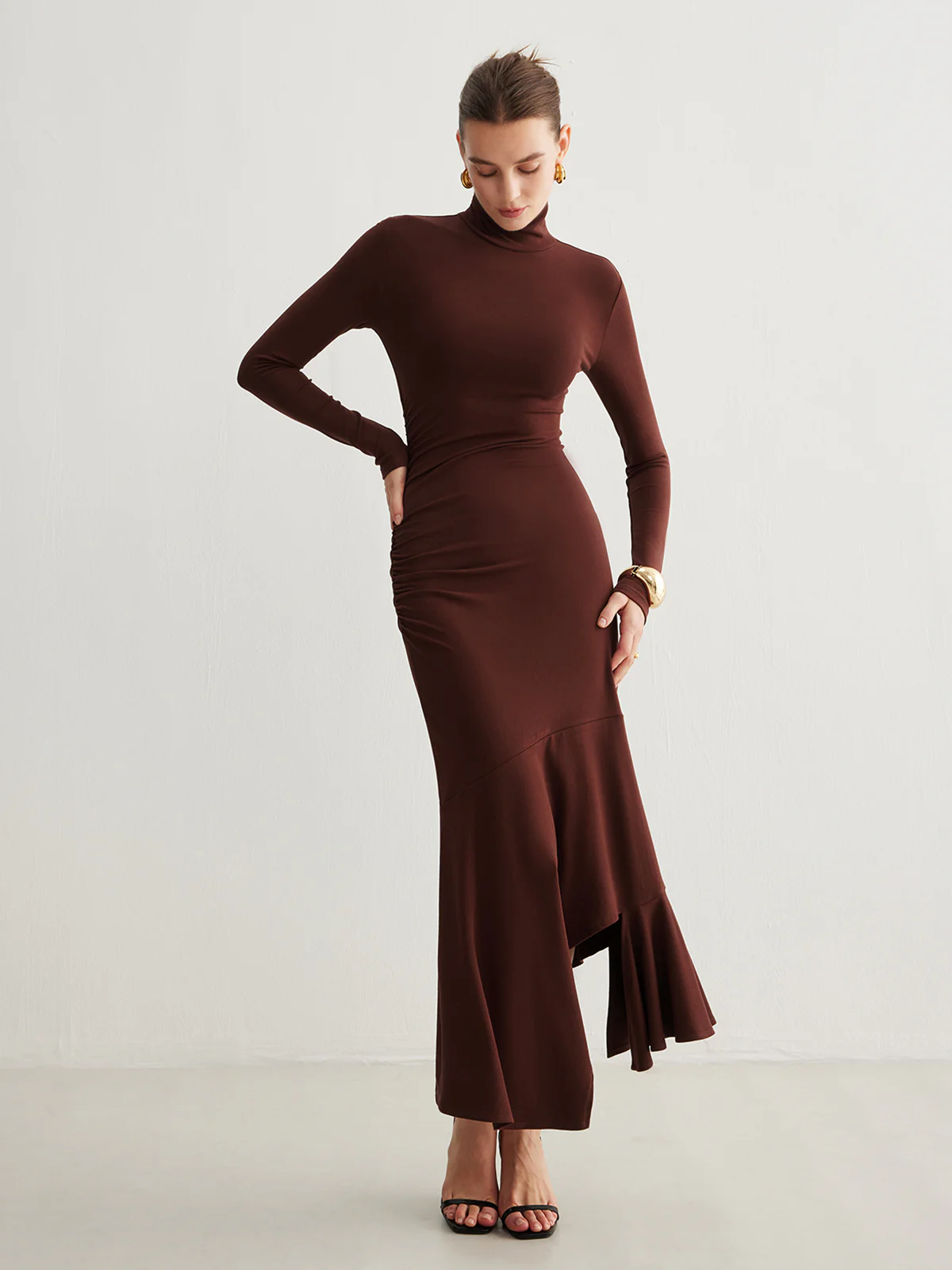 Turtleneck Irregular Pleated Long Dress - Takermore