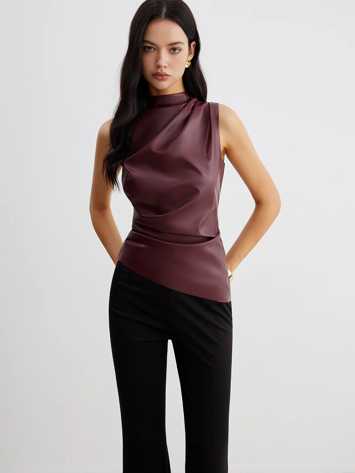Mock Neck Faux Leather Cinched Tank Top - Takermore