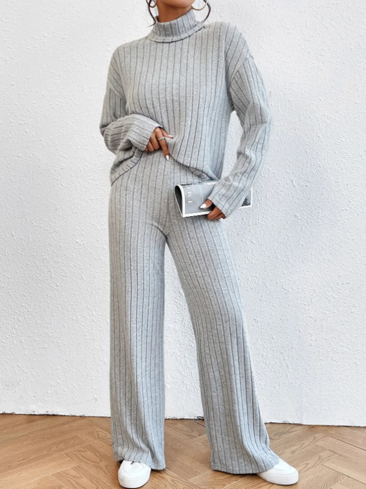 Mock Neck Ribbed Cozy Pants Set - Takermore
