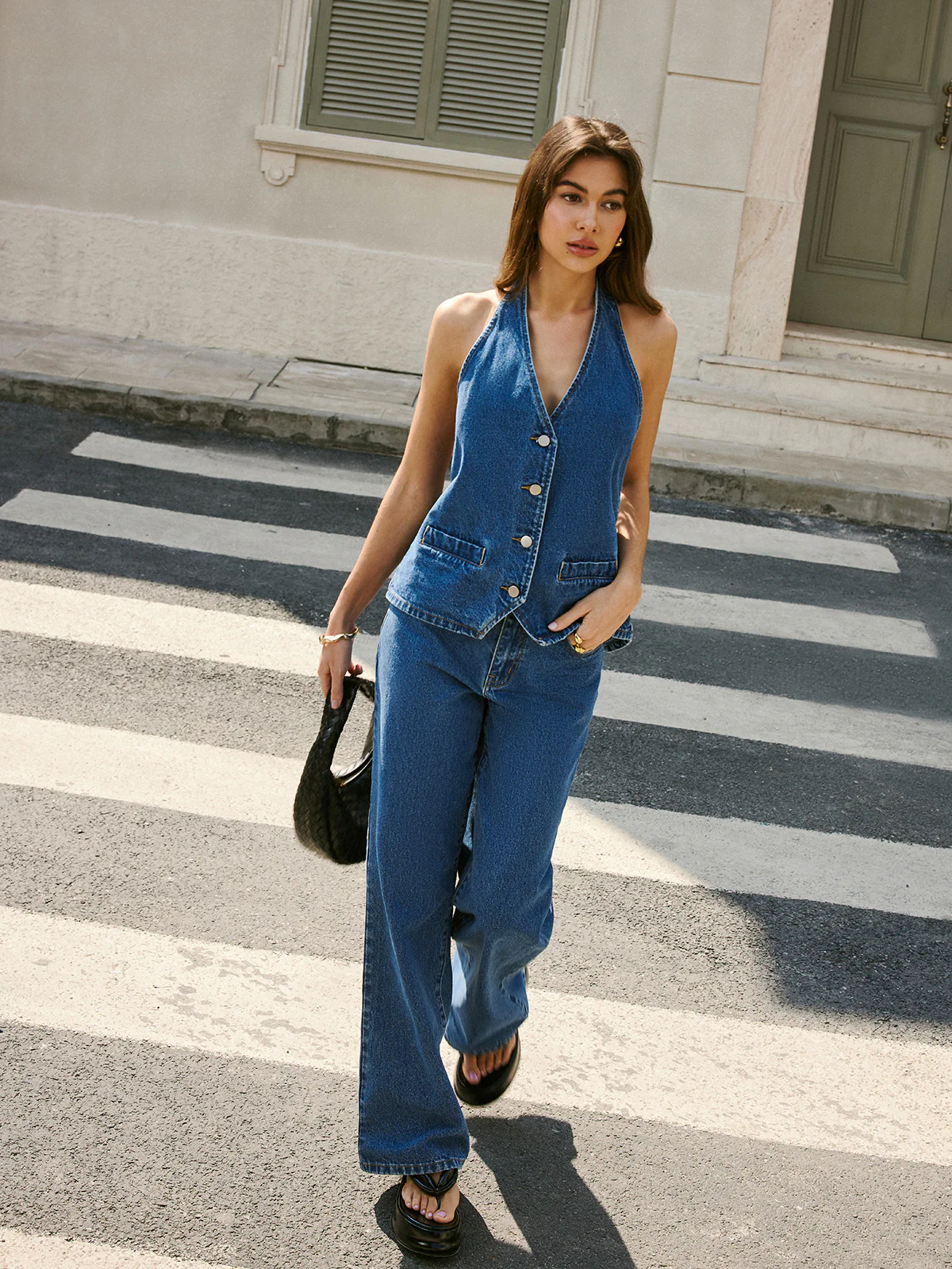 Denim Back Tie Halter Vest - Takermore