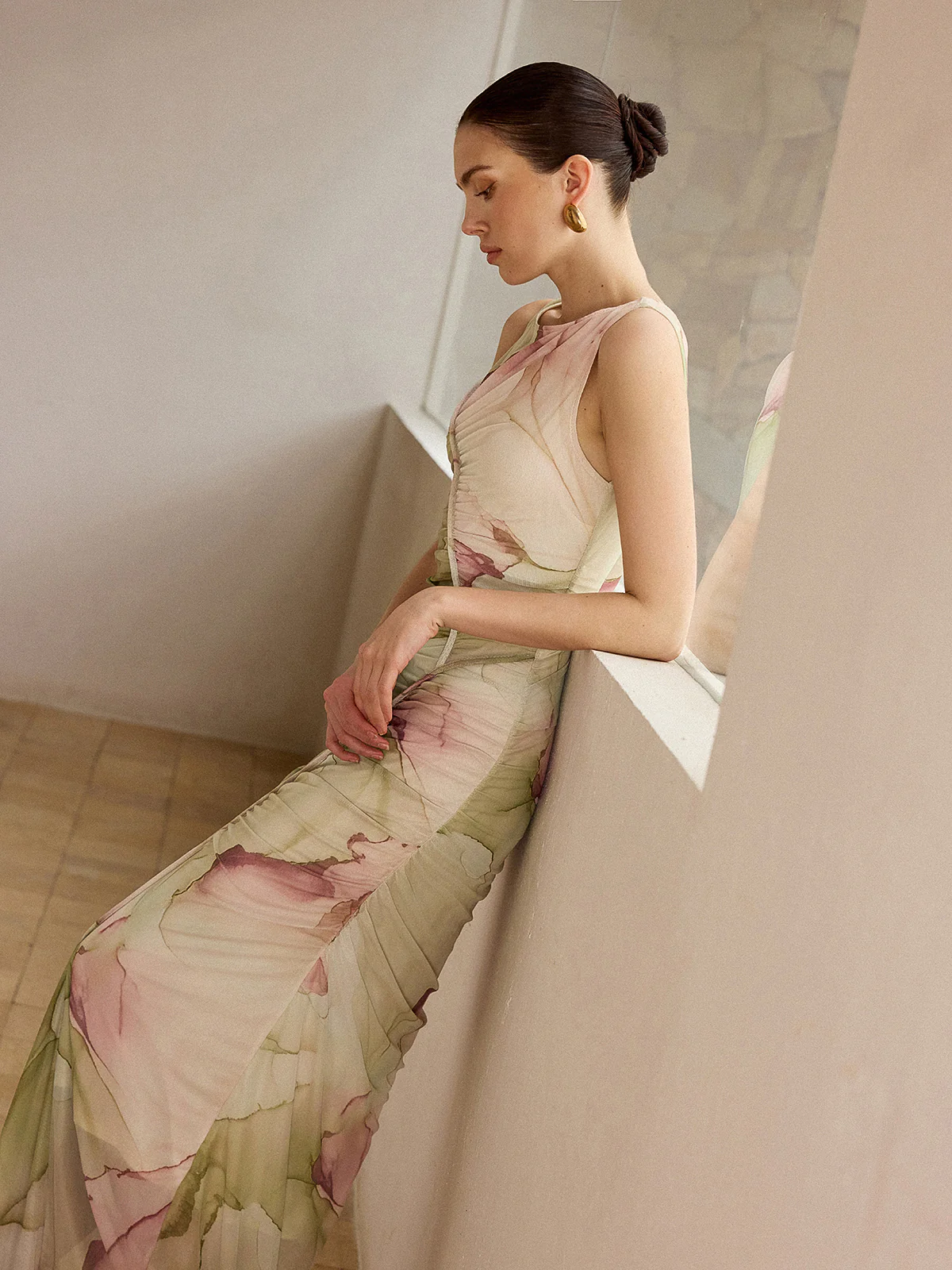 Printed Semi-Sheer Mesh Maxi Dress - Takermore