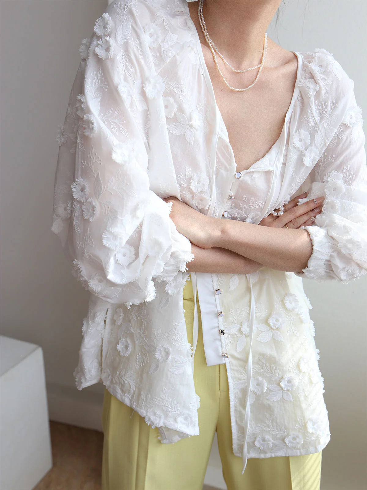 Oversized Semi-Sheer Embroidered Floral Blouse - Takermore