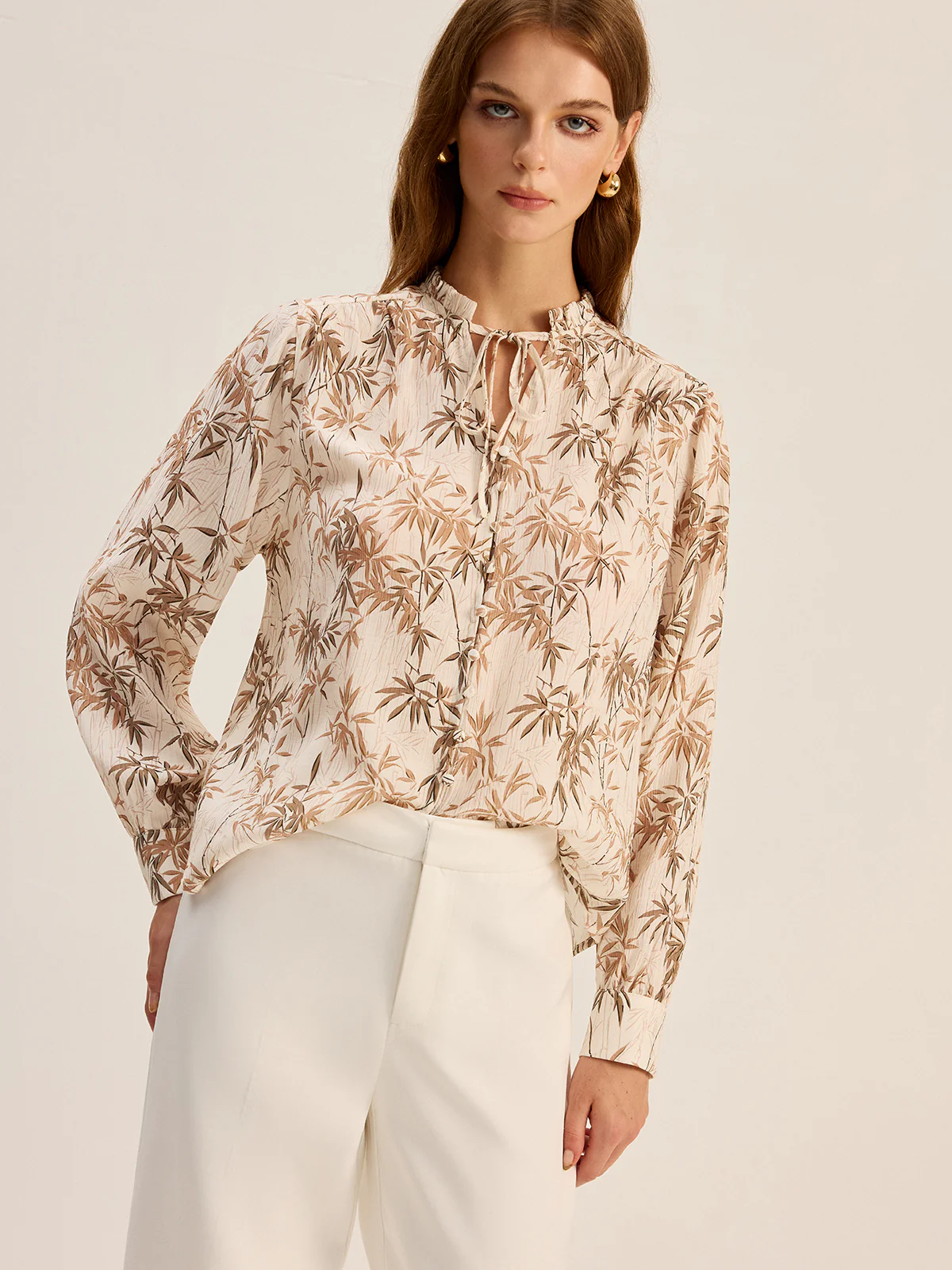 Leaf Printed Tie-Neck Rayon Shirt - Takermore