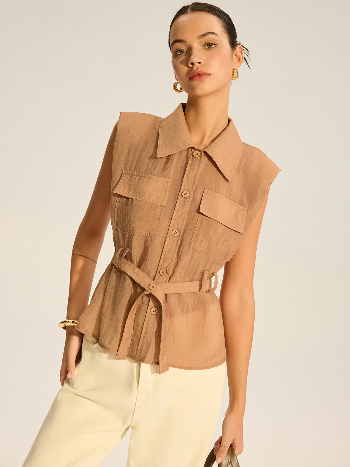 Belted Sleeveless Blouse - Takermore