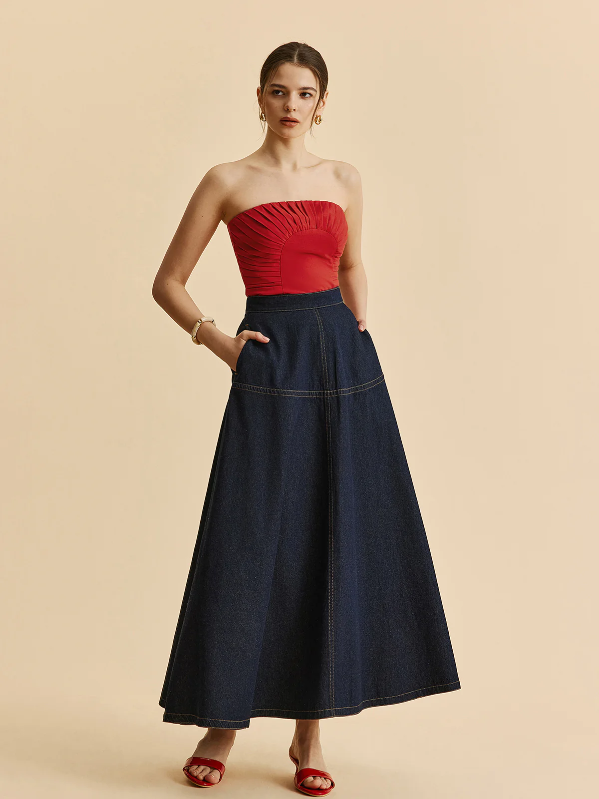A-Line Denim Skirt With Side Pockets - Takermore