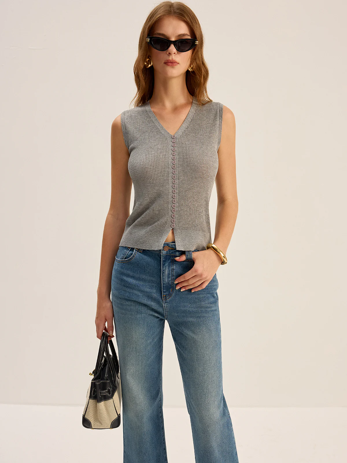 Ribbed V-Neck Button-Front Knit Vest - Takermore