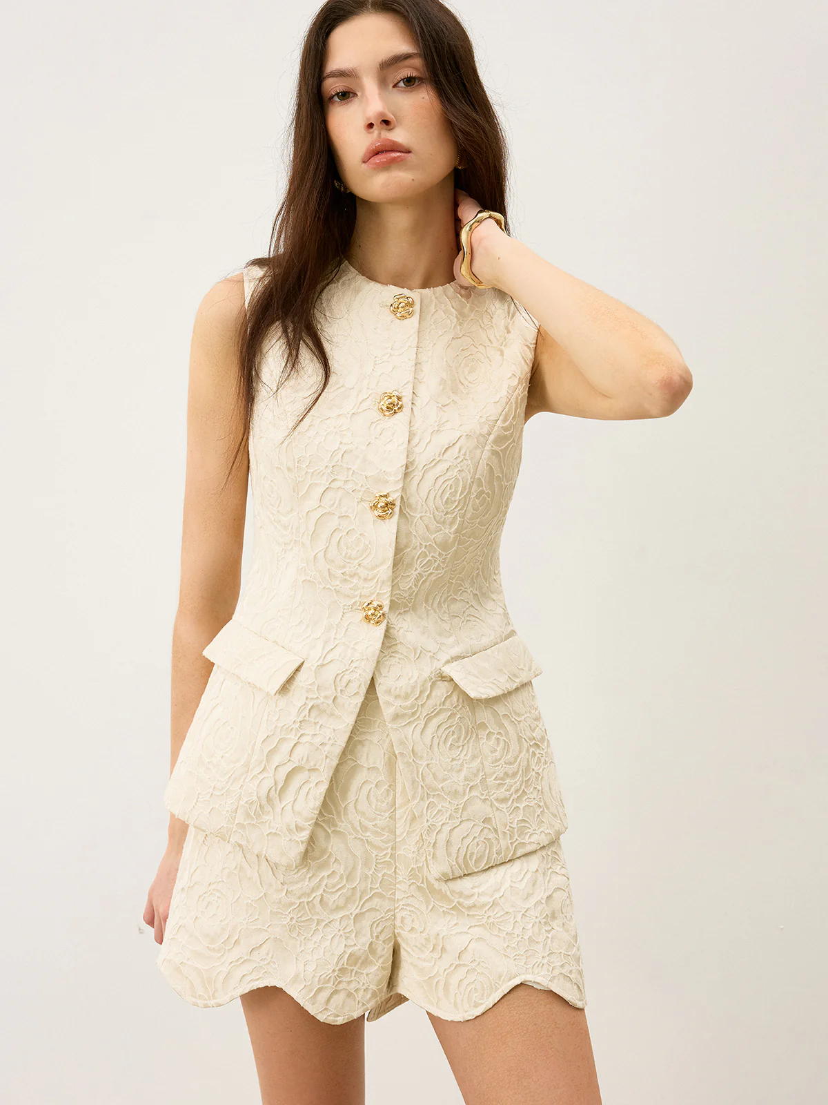 Textured Jacquard Vest with Metal Button - Takermore