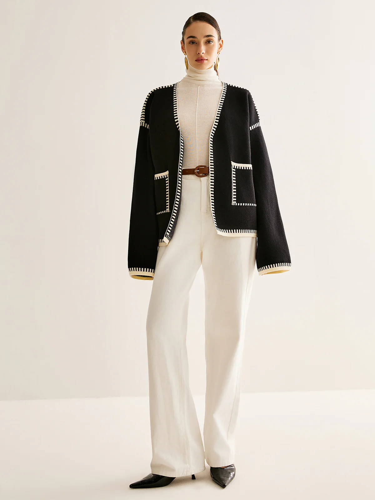 Contrast Binding Split Cardigan With Belt - Takermore