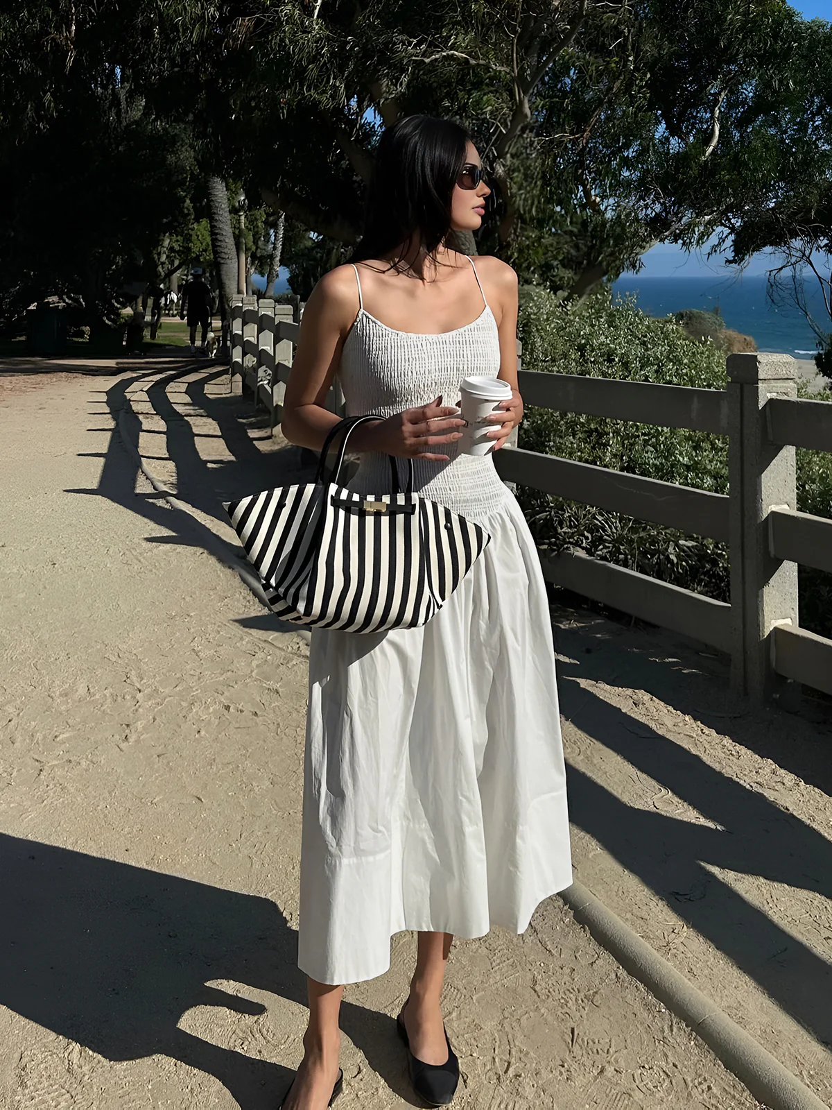 Cotton Blends Shirred Cami Midi Dress - Takermore