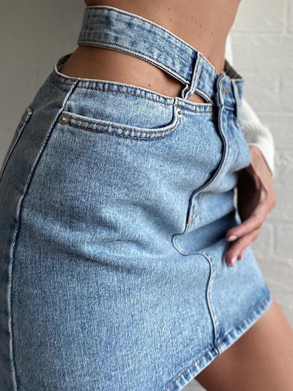 Denim High Waist Cut Out Short Skirt - Takermore